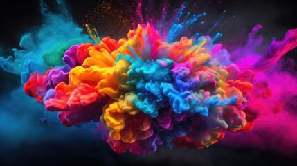 Fototapeta na wymiar Human brain with multicolored close-up on black background. Bright pulses and splashes around the brain. creative brain work. Symbolism of talented person in creative thinking, ai generative