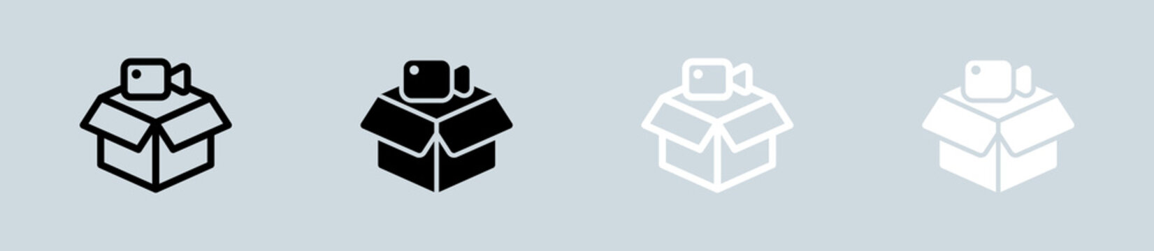 Unboxing video icon set in black and white. Review signs vector illustration.