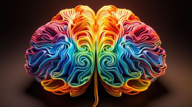 Human brain with multicolored twists close-up on black background. Bright pulses and splashes around the brain