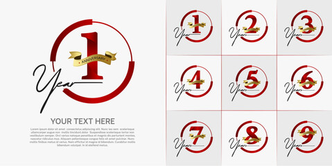 set of anniversary logo with red number in circle and golden ribbon can be use for celebration