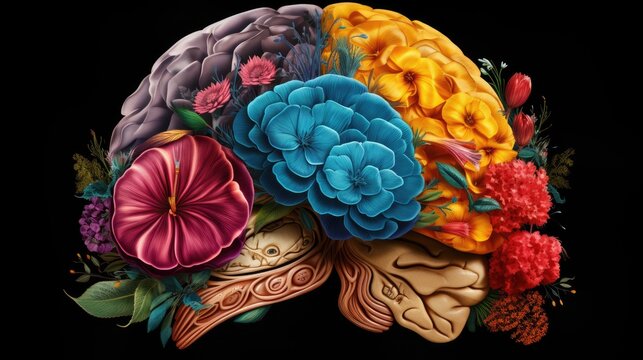 Human brain with multicolored twists and flowers close-up on black background. creative brain work, ai generative