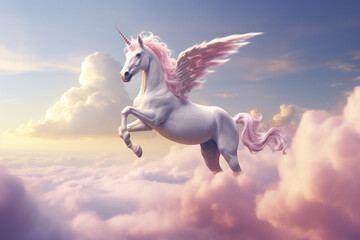 Beautiful white and pink unicorn flying in the sky AI generative.