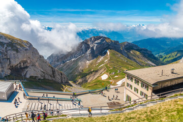 Beautiful view of the panorama terrace and the Hotel Pilatus Kulm with the Matthorn summit in the...