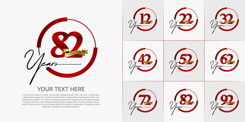set of anniversary logo with red number in circle and golden ribbon can be use for celebration
