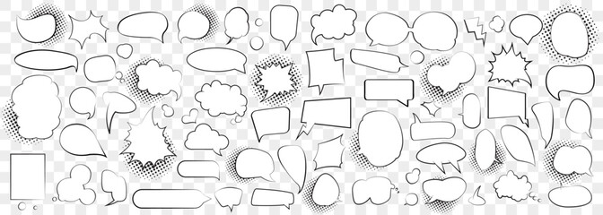 Comic speech bubble cloud collection with halftone elements. Set of halftone cartoon speech bubble