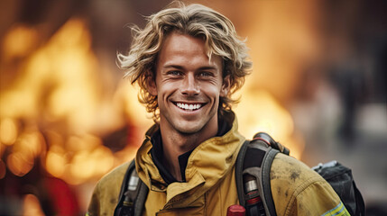 Obraz premium Portrait of a fireman wearing Fire Fighter turnouts and helmet. Background is red and blue smoke and light. Turnouts are protective clothing.
