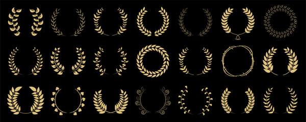 Floral wreath collection. Set of golden laurel wreath element for winner, award, champion. Tree branch wreath - obrazy, fototapety, plakaty