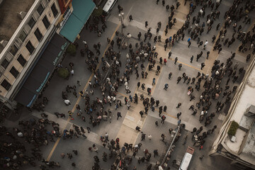 The drone soars high above the crowd, capturing a bird's eye view of the throng of people gathered below. Ai generated