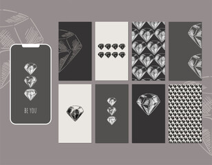 Social media story layout. Abstract background in light and dark shades of gray with diamonds. Pattern of diamonds.