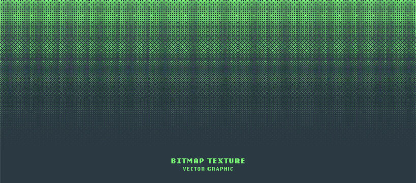 Dither Pattern Bitmap Faded Texture Halftone Gradient Vector Abstract Background. Glitch Screen With Flicker Pixels Effect Panoramic Backdrop. 8 Bit Pixel Art Retro Video Game Bright Green Decoration