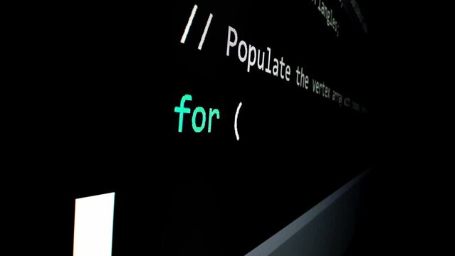 Closeup macro shot movement of coding script moving across LED screen with real-time AI-generated typing, showcasing advanced AI learning in optimization, debug and coding for software development.