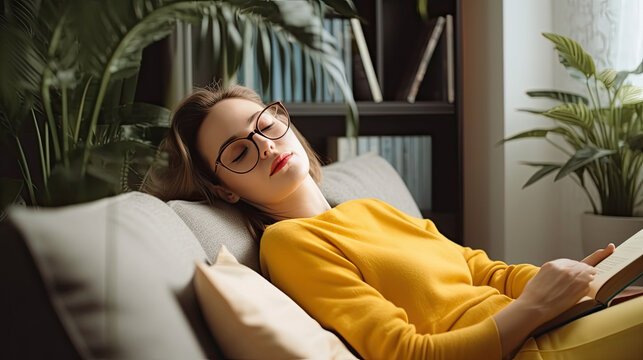 Middle-aged woman in glasses fell asleep while reading book at home, female sleeping with open mouth on sofa near coffee table with houseplant in living room. Sleep deprivation