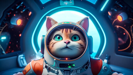 Personnage de chat mignon conduisant un engin spatial dans l'espace - Générative iA