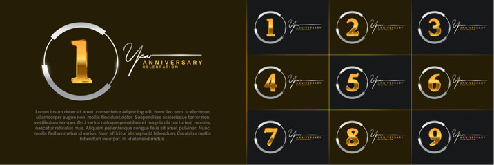 set of anniversary logo with golden number in silver circle can be use for celebration
