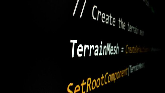 Closeup macro shot movement of coding script moving across LED screen with real-time AI-generated typing, showcasing advanced AI learning in optimization, debug and coding for software development.