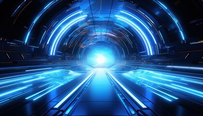Futuristic sci-fi background. Blue circle portal with light bursts and sparkles.