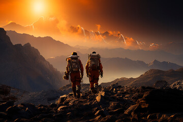 Astronauts explore an unknown planet. Colonization of Mars by humans. - obrazy, fototapety, plakaty