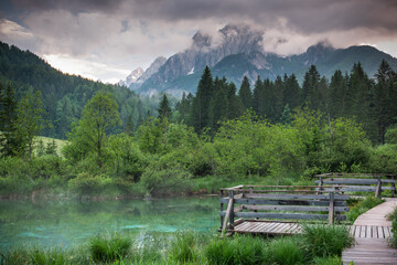 Zelenci Springs nature reserve near Kranjska Gora, Slovenia.  Sava river source