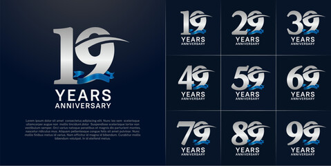 set of anniversary logo with silver number and blue ribbon can be use for celebration