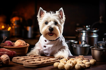 Cute dog West Highland White Terrier as a cook preparing dinner. Dog cook. Generative AI