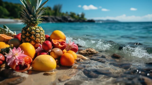 Tropical fruits beach display pineapple mangoes colorful