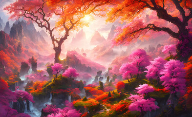 Obraz na płótnie Canvas An autumn colorful landscape, beautiful orange red trees in the forest near river. Generative Ai.