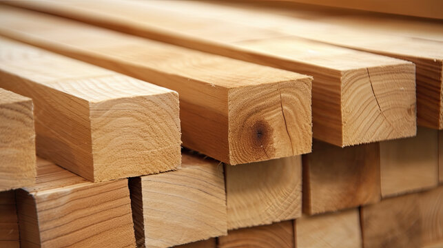 Wooden boards, lumber, industrial wood, timber. Pine wood timber stack of natural rough wooden boards on building site. Industrial timber building materials.