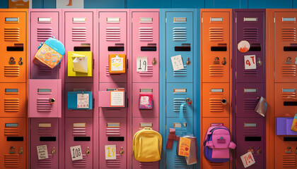 Colorful school lockers with personalized name tags, backpacks
