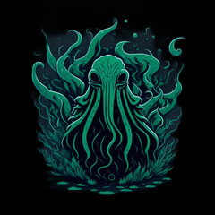 colorful T-shirt print of abyssal animals, Cosmis Horror, Cthullu.