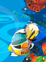 Cartoon funny colorful scene of cosmos galactic alien ufo isolated illustration for children