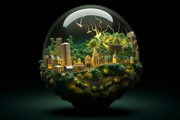 Eco-friendly Cityscape with Paper Light Bulb Decorations and Sustainable Environment Concept, Generative AI