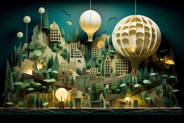 Paper Art City with Light Bulb, Grass, Trees, and Forest Landscape, Generative AI