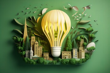 Fototapeta na wymiar Festive Paper Art Christmas Light Bulb with Green Trees, Buildings, and Energy Light, Generative AI