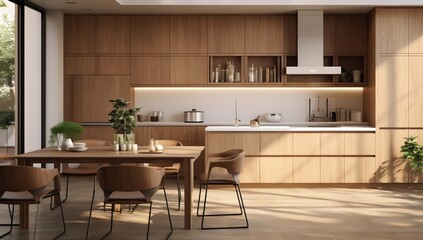 Fototapeta na wymiar Modern Bright Kitchen Interior with Wood Stools. Generative ai
