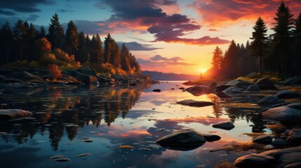 Fototapeta premium Breathtaking forest sunset reflection calm waters nature landscape