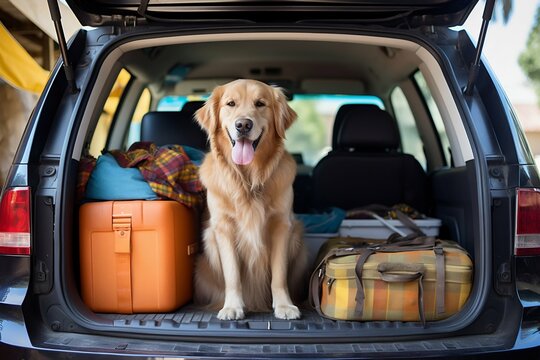 Golden Retriever Dog Sitting in Car Trunk, Ready for a Vacation Trip. Generative ai