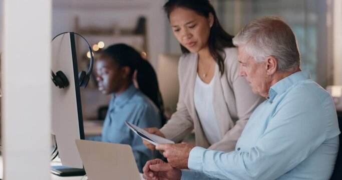 Corporate, manager help employee and talking with teamwork, collaboration and discussion with technology. Staff, coworkers and male supervisor with a woman, documents or conversation with teamwork