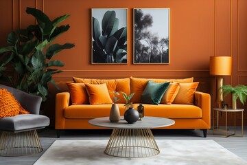 Luxury Living Room with Modern Interior Design and Orange Velvet Sofa. Generative ai