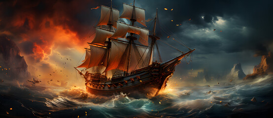Naklejka premium an illustration of a pirate ship fighting with the waves Generated by AI