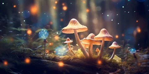 Zelfklevend Fotobehang Fantasy mushroom landscape in the forest,  Glowing Mushrooms on the fantasy forest with blue orb Glowing mushrooms in a dark forest growing, Mushroom forest, generative Ai  © Mustafa