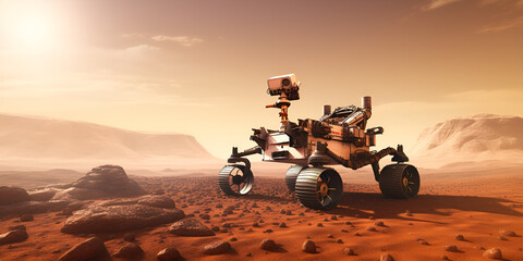 Exploring New Frontiers: A Mars Rover's Journey on an Alien Plane t Unveiling Mysteries: The Mars Rover Explores a Distant World  - obrazy, fototapety, plakaty