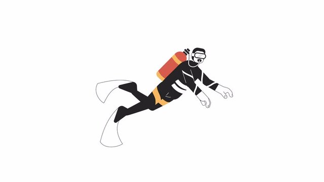 Male scuba diver swimming bw 2D character animation. Snorkeling man. Diving class outline cartoon 4K video, alpha channel. Snorkeler with air supply animated person isolated on white background