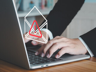 Spam email, businessman opening letter or email Bounce dangerous red triangle warning sign. Virus....
