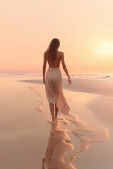 A Serene Woman's Stroll on Sunset Beach. Generative AI