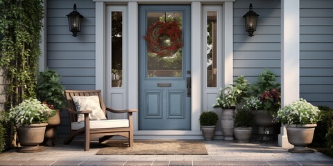 Fototapeta na wymiar Cozy Winter Welcome: Gray Front Door with Outdoor Furniture and Festive Holiday Decor, Generative AI