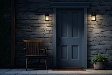 Fototapeta na wymiar Cozy Winter Retreat: Doorway with Lamp and Wooden Chair in Light Navy and Dark Gray, Generative AI