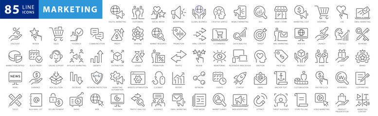 Marketing Line Icons Set. Content, Search, Strategies, Marketing, Ecommerce, Branding, Seo, Electronic Devices, Reports, Analysis, Social and more Vector Line icons Collection - 623470977