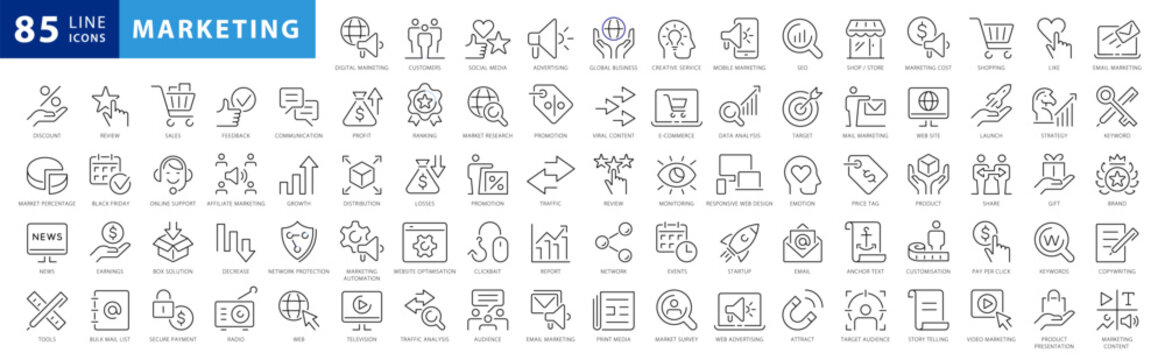 Marketing Line Icons Set. Content, Search, Strategies, Marketing, Ecommerce, Branding, Seo, Electronic Devices, Reports, Analysis, Social and more Vector Line icons Collection