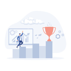 inspiration for success. a businessman going up to reach big trophy,  flat vector modern illustration 	