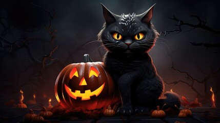 Halloween black cat sits with a pumpkin. Generative AI.